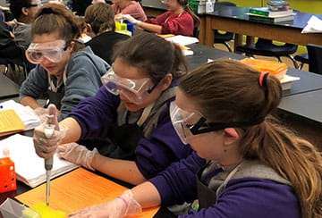 A photo shows students working on the lab. Three students wearing goggles and lab gloves sit around a table; the student in the center is using a micropipette. 