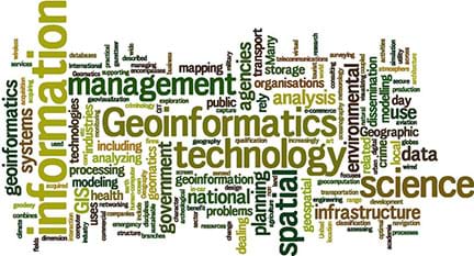 A graphic word cloud that shows a variety of words related to GIS. Larger words are information, geoinformatics and science.