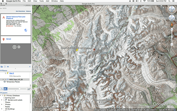 An image of Denali and its surrounding area with USGS topographic map overlays. Most of the area is colored in white and brown indicating snow and steep terrain. The image highlights the pane viewers see in Google Earth showing the places, layers, and search box with standard navigation tools across the top such as File, Edit, View, etc. 