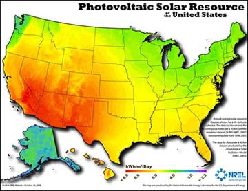 A graphic in map form shows the amount of energy the U.S. receives from the sun on average. Higher amounts of energy are displayed in red and generally include the south and west while lower energy areas are displayed in yellows and greens and tend to be in the north and east. The image was formed using GIS technology. 