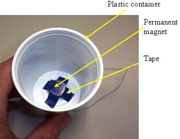 Photo shows a small permanent magnet attached to the inside of a plastic cup with electrical tape.