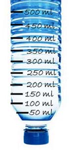 A photograph of an upside-down capped clear plastic bottle with 10 evenly spaced black marks labeled from 50 to 500 ml in 50-ml intervals starting from the cap end.