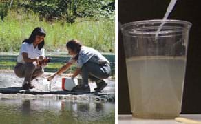 Two photos: Two girls squat near a river as they collect containers of water. A clear plastic cup half-filled with a cloudy brown liquid.