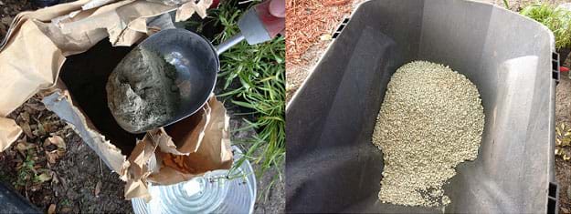 Two photographs: A metal scoop lifts fine gray powder (cement) out of a brown paper bag. A wheelbarrow contains a pile of small and crumbly beige rock pieces (crushed limestone).