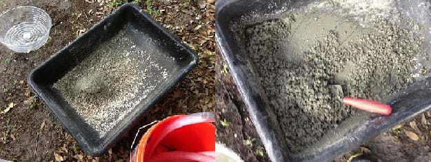 Two photographs show two tubs with wet, mixes of ingredients; looks like wet, chunky globs of unset concrete.
