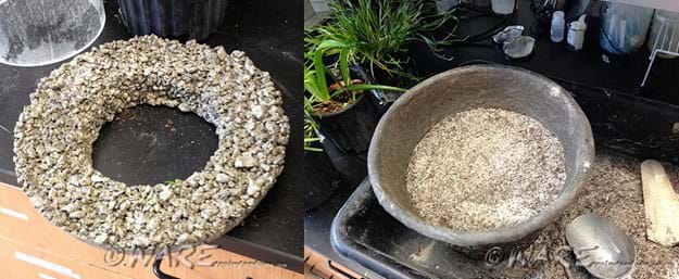 Two photographs: The 12-inch magic sidewalk, which looks like a wreath of high-aggregate (very porous) gray concrete. Its hole dimension is the size of the 1-gallon plant pot. A low, wide coir basket is halfway filled with a dry media mix (sand, soil, pea gravel, mulch) from the previous activity.
