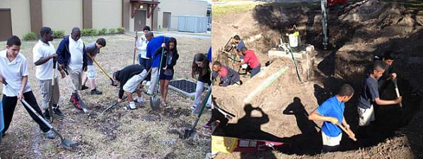Two photographs show many teenagers making progress in excavating the area of a rain garden on their school campus in East Tampa, FL.