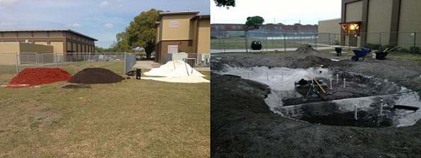 Two photographs show a school yard with four piles: mulch (reddish fibers), topsoil (dark brown), limestone (pale beige), and sand (white). A kidney-shaped depression in the yard near a school with pipes sticking up from a few spots, during construction of a municipality-scale rain garden in East Tampa, FL.
