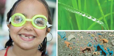 Three photos: Water beads up and drops off the goggles and face of a little girl who is wet from swimming. Various sizes of water beads line a blade of grass. Nearly flat and irregularly sized blobs of liquid scattered across a textured surface.