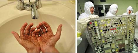 Two photos: A pair of dirty hands under held under a sink faucet. Three people in white coveralls move a metal structure full of slots containing variously colored materials.