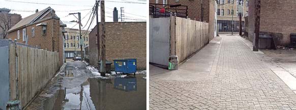 Two photographs: An urban alley lined with fences, brick buildings and light poles is mostly covered in standing water from snowmelt. The same alley, now dry, with paving that looks like rectangular cobbles and concrete.