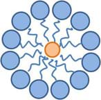 Cartoon illustration shows a ring of 12 blue circles with crooked tails all pointing toward and surrounding one orange circle.