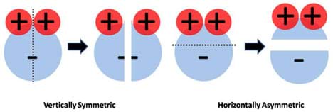 To test for charge symmetry of a water molecule, H2O diagrams are divided in half vertically and horizontally. Only when the molecule is cut in half vertically (separating the two H+s) is a mirror image of the molecule obtained.