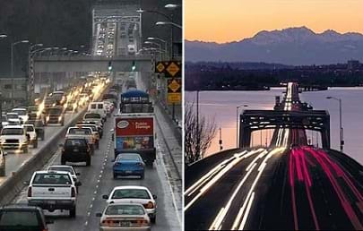 Two photos show traffic passing over bridges in Washington state.