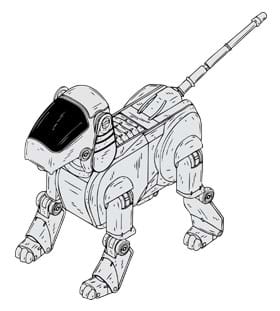 A sketch shows a robot in the shape of a four-legged dog, including hinges for leg joints. The drawing is from patent #6458011 filed in 2001 by inventors Makoto Inoue and Emi Kato for a four-legged entertainment bot called AIBO and made by Sony. See patent at http://www.google.com/patents/US6458011.