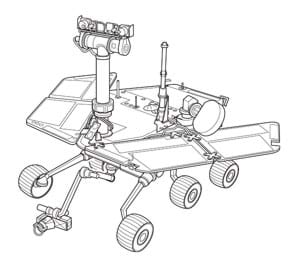 A line drawing shows a Mars Rover with five (of six) visible wheels, solar panels, antennae, cameras and other attachments.