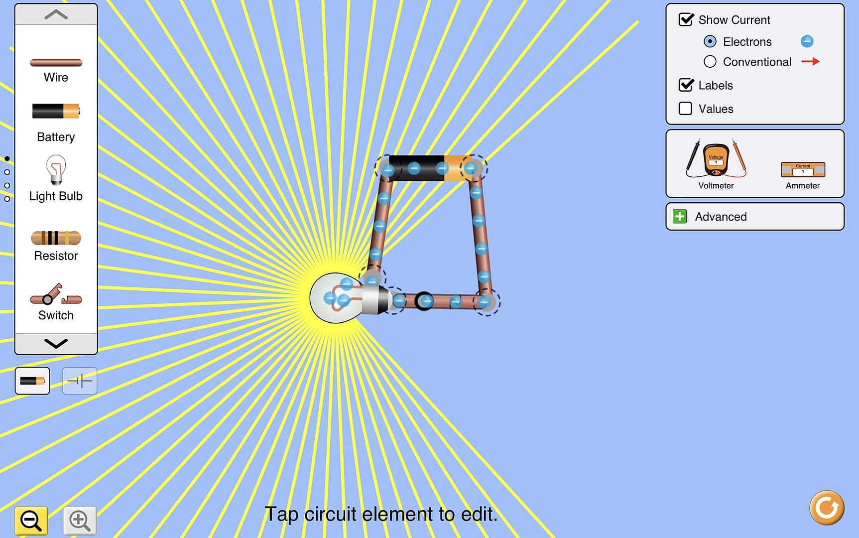 A computer model of a circuit using PhET simulation software. 