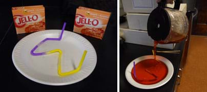Two photos: A taped-together yellow and purple plastic drinking straw with six bends lies taped flat on a white plate. Boiling red liquid is poured into the same plate, submerging the straw.