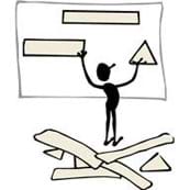 A cartoon of a person in front of a board, changing out shapes to make the best possible fit to solve a problem.