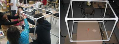 Two photos: (left) A classroom of students working at desks with white piping. (right) Atop a table, a cube shape made with white PVC pipes and corner pieces, with a round mirror attached to one edge and a small, orange-haired troll inside.