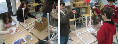 Two photos show two teams of students at grouped desks working with PVC pipes and components in various stages of creating cube-shaped structures.