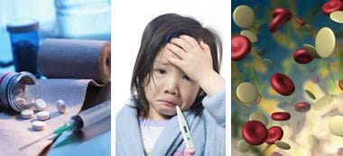 Three images: Photo shows pills and a syringe on a counter. A photo shows an unhappy child with a thermometer in her mouth. A graphic shows a microscopic representation of blood, with rounded red and white floating shapes.