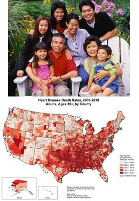 Two images: An eight-member family poses for a photograph; the family includes people of all ages, kids to grandparents. A color-coded U.S. map indicates the heart disease death rates, 2008-2010, for adults aged 35+noted by the darkness of each county using a scale of five shades of red.