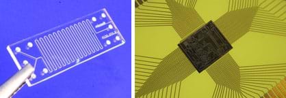 Two images: Photo shows a pair of silver tweezers holding a rectangular piece of clear glass with etched lines and 10 holes—a glass microreactor made by Micronit Microfluidics. Second image looks like a multi-shaded wide cross shape with protruding roughly parallel lines and a center rectangle engraved with fine straight and curved lines—a microelectromechanical systems chip.