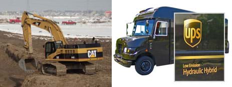 Two photos: A black and yellow vehicle able to rotate above two tank-like tracks (instead of wheels) digs a trench using a long bendable arm with a scoop/bucket at its end. An industrial-sized dark-brown van superimposed with a close-up of its side panel: a "UPS" logo and the words "Low-Emission Hydraulic Hybrid."