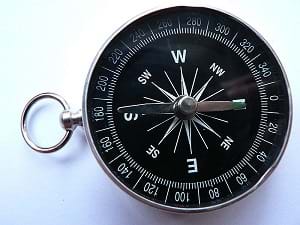 A photograph of a simple magnetic portable compass showing N, S, E, W directions.