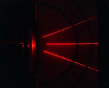 A photograph shows a red laser beam being diffracted into three beams as it passes through a diffraction grating.