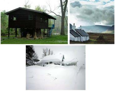 Three photos: (bottom) A home with a peaked roof covered in many feet of snow. (left) A low-pitched, river-side home on stilts. (right) White-washed stone buildings sit on an open plain with distant storm clouds.