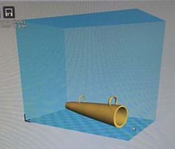 A screen capture shows a computer-generated 3D model of a prototype object that looks like a cone with two side loop attachments.