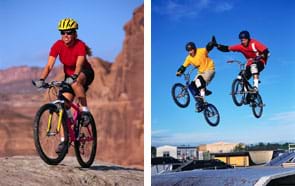 Two photos show a girl riding a mountain bike on a sandstone rock surface, and two boys on BMX bikes high-fiving as they fly through the air over a jump. All are wearing helmets.
