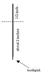 A line drawing shows a dashed line 1/2-in down from the top of a toothpick, leaving about 2 inches below the dashed line.