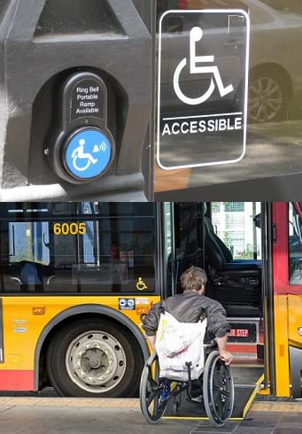 Two photos: A call button for a portable wheelchair ramp. A man in a wheelchair getting on a bus via a wheelchair ramp.