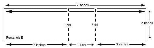 Diagram shows a 7 x 3 inc rectangle with two fold lines at three inches in from each long end.