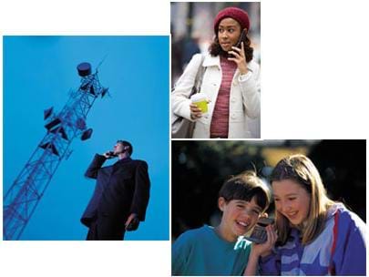 Three photos show people talking on cell phones, one with a tall truss-style tower behind him that has drum- and dish-like attachments.