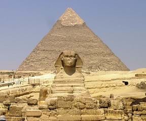 The Great Sphinx with the Pyramid of Khafre in Egypt