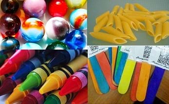 Four photos: Assorted colorful marbles, pile of uncooked penne pasta, assorted colors of crayons, assorted colors of wooden craft sticks.
