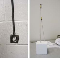 Two photos: (left) A long coiled spring hangs from above, with a heavy metal nut attached to its end. (right) Two tall balsa wood sticks of different lengths with batteries taped to their top ends are pushed into a block of Styrofoam.