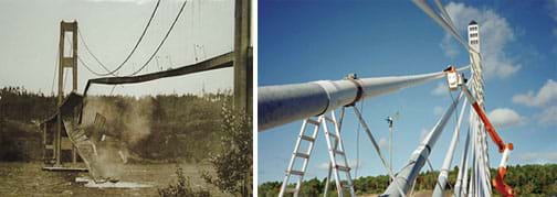 Two photos: (left) A sepia-colored landscape view shows a suspension bridge across a river with the bridge deck swaying and falling apart into the water. (right) A researcher in a bucket truck sets up instrumentation for cable vibration tests on the Penobscot Narrows Bridge in Maine.