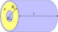 A cylinder with a length of l is shown. The cylinder is partially hollow, with a thinner cylinder in the center. The large cylinder has a radius of R2, while the smaller cylinder has a radius of R1. In between the cylinders, there is material between them with a permittivity, represented by the Greek letter ε . A cylinder with a length of l is shown. The cylinder is partially hollow, with a thinner cylinder in the center. The large cylinder has a radius of R2, while the smaller cylinder has a radius of R1. In between the cylinders, there is material between them with a permittivity, represented by the Greek letter ε .