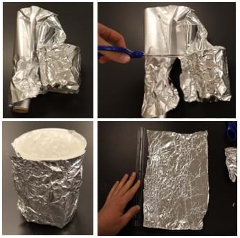 Four photos showing the steps of how to wrap your capacitor up (a) First wrap the object completely so you can see the outline. (b) Cut out the material so you only have enough to wrap around the cup. (c) Ensure that the whole cup is covered. (d) Unravel it to measure the length and width of the sheet. Four photos showing the steps of how to wrap your capacitor up (a) First wrap the object completely so you can see the outline. (b) Cut out the material so you only have enough to wrap around the cup. (c) Ensure that the whole cup is covered. (d) Unravel it to measure the length and width of the sheet.