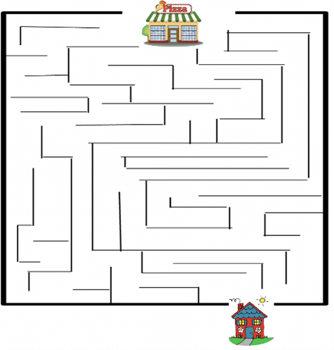 A maze puzzle with a pizza shop at the beginning of the maze and a house at the end of the maze.