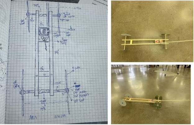 Engineering sketch and model mouse trap car.