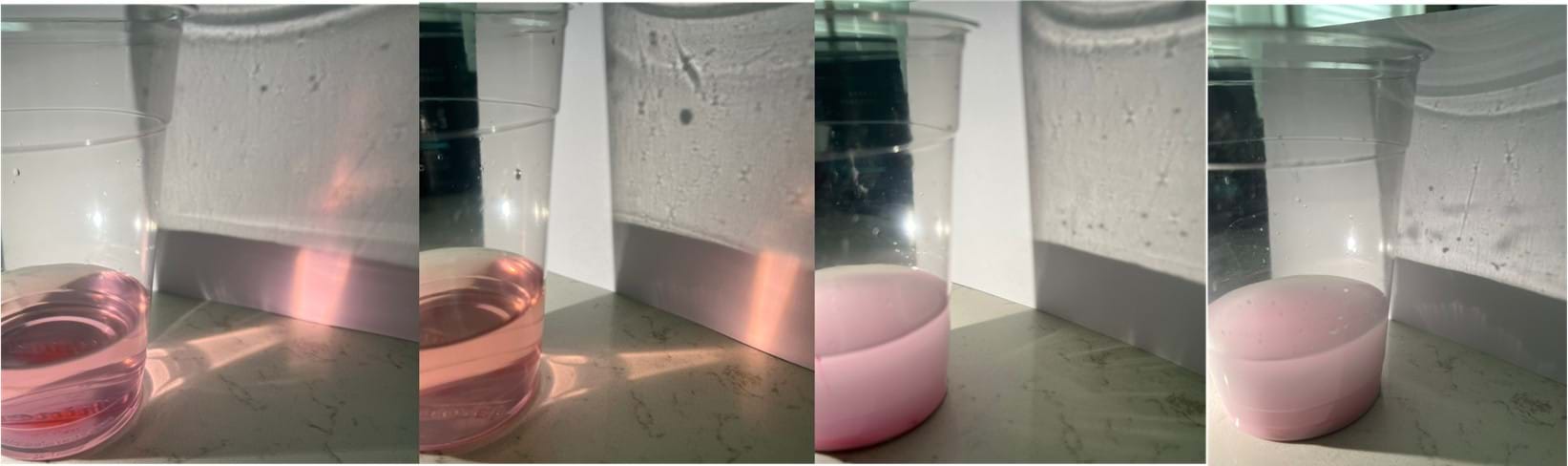Four images of four cups that have solution in every cup. Each cup has a liquid solution that contains water, food color, and corn starch. Light is trying to shine through each liquid solution. Four images of four cups that have solution in every cup. Each cup has a liquid solution that contains water, food color, and corn starch. Light is trying to shine through each liquid solution.