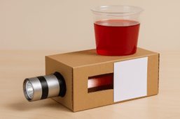 A photo of a simple student-built diagnostic device made from a small rectangular cardboard box. A flashlight is inserted into one end of the box, aimed through a cut-out section. There is a cup with red solution that sits within the device. A photo of a simple student-built diagnostic device made from a small rectangular cardboard box. A flashlight is inserted into one end of the box, aimed through a cut-out section. There is a cup with red solution that sits within the device.