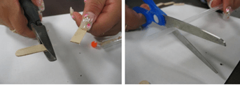 Side-by-side photos of a wooden stick being cut with wire cutters on the left, and a plastic straw being cut with scissors on the right, both part of the model-building process. Side-by-side photos of a wooden stick being cut with wire cutters on the left, and a plastic straw being cut with scissors on the right, both part of the model-building process.