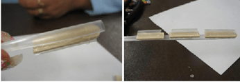 Side-by-side photos of a straw segment mounted on a wood stick on the left, and three such assemblies aligned along a longer straw to simulate multiple joints on the right. Side-by-side photos of a straw segment mounted on a wood stick on the left, and three such assemblies aligned along a longer straw to simulate multiple joints on the right.